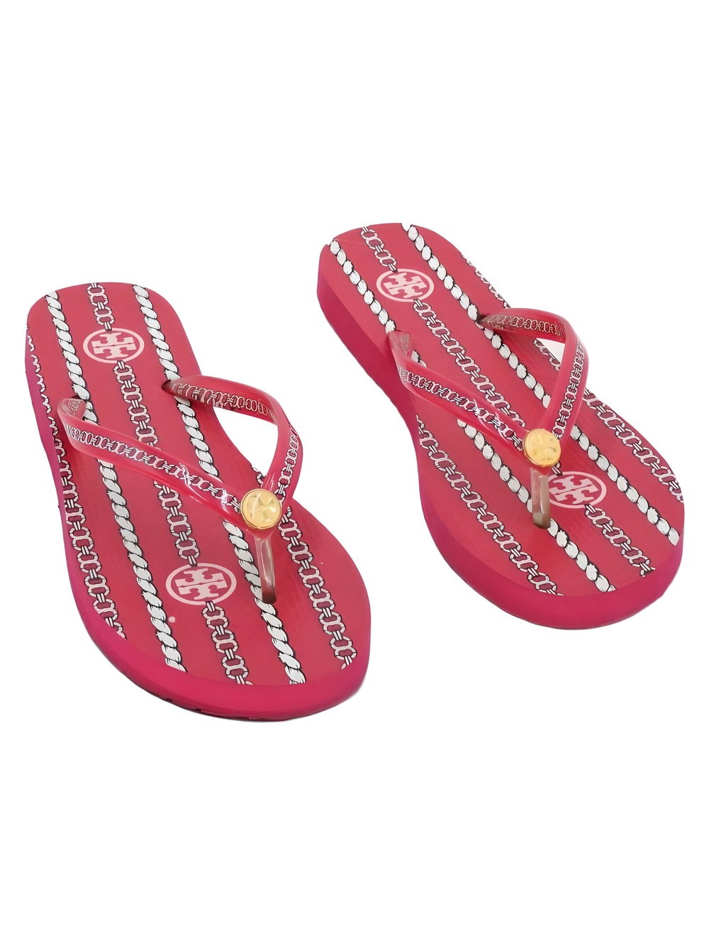 Tory Burch Kira Padded Flip Flop Sandals Pink Chain Print Size 6M